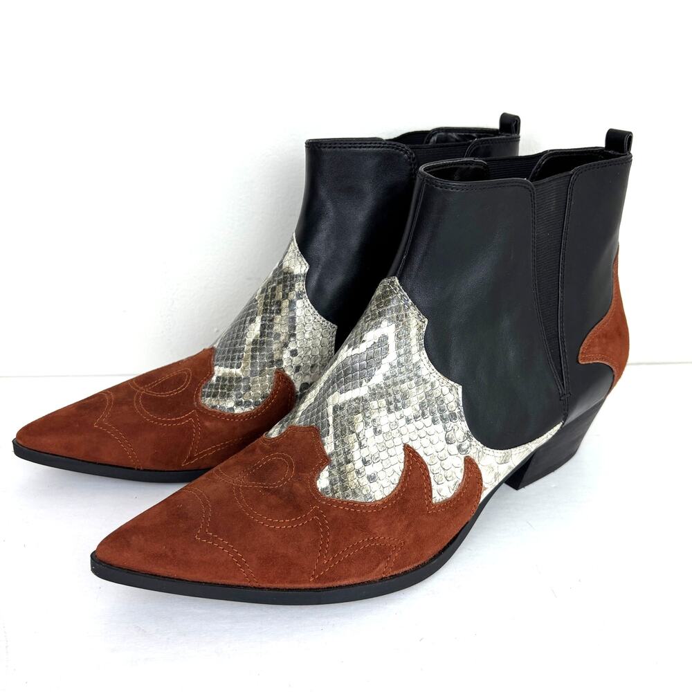 Nine West Cedar Western-Inspired Booties Mixed Media snakeskin 12M black brown